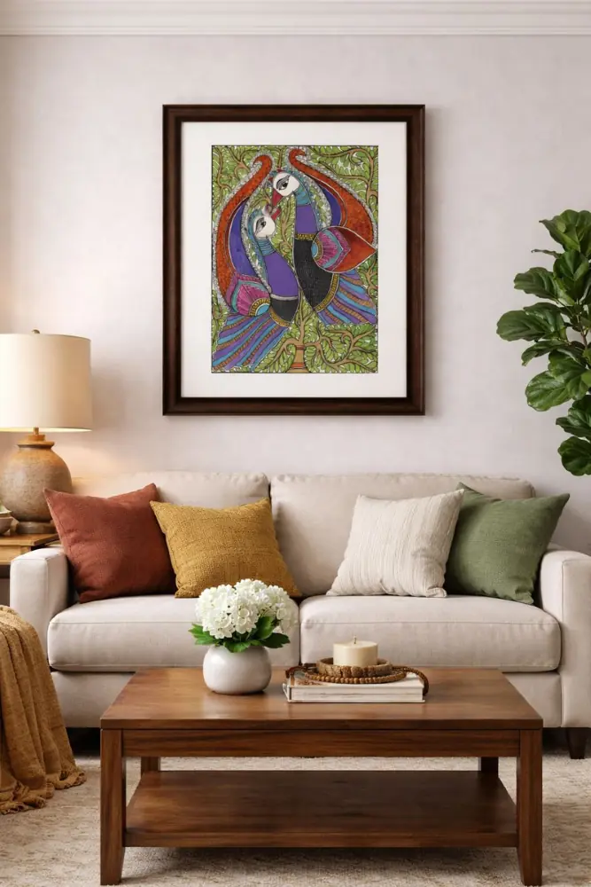 Handmade Madhubani Painting – Elegant Peacocks in Harmony