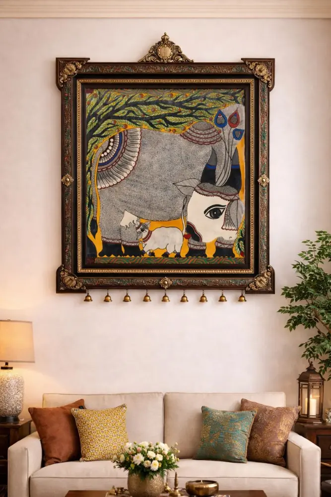 Handmade Madhubani Painting – Resting Divine Cow