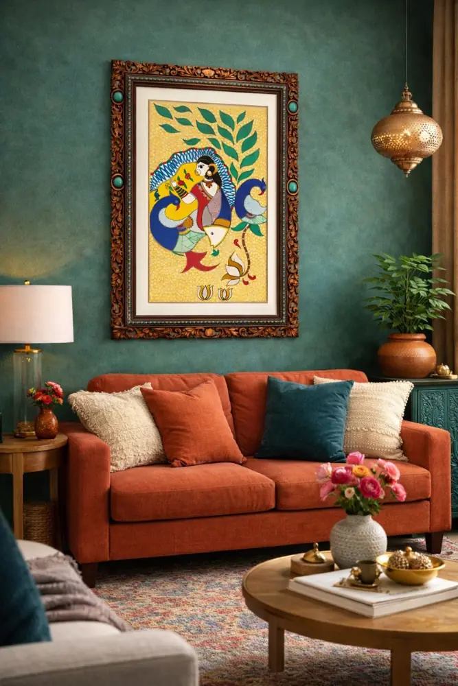 Handmade Madhubani Painting – Woman with Peacocks and Fish