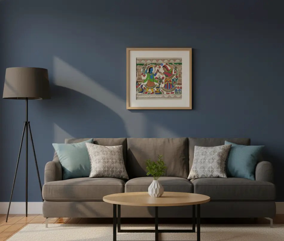 Handmade Madhubani Painting  Krishna and Radha Playing Raas Leela