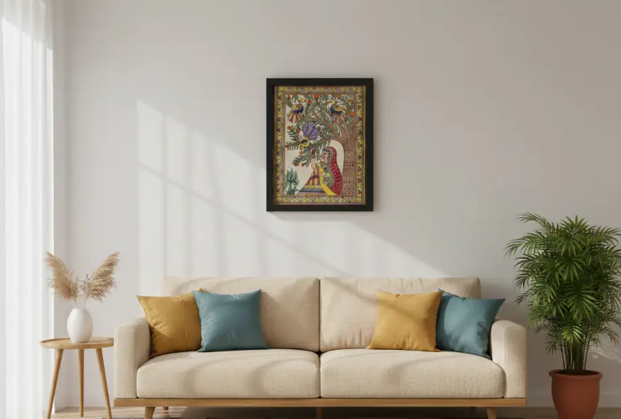 Handcrafted Madhubani Painting Woman Under a Tree with Birds