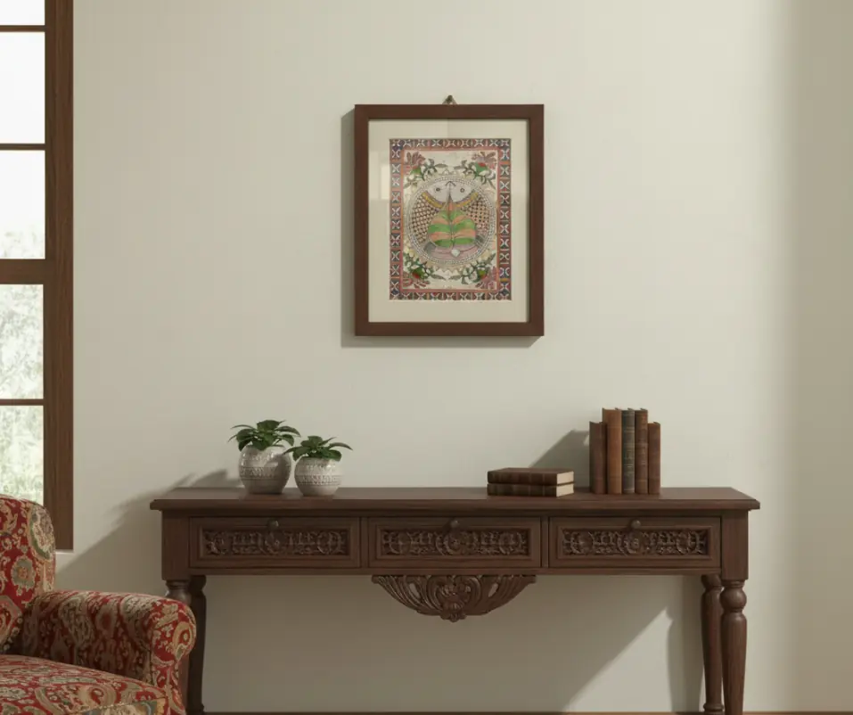 Handcrafted Madhubani Painting  Two Fish and Pipal Leaf