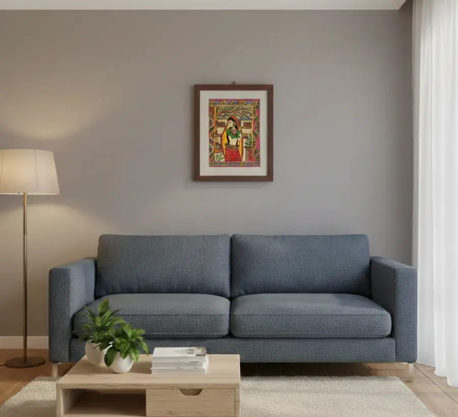 Handmade Madhubani Painting – Traditional Woman with Puja Thali