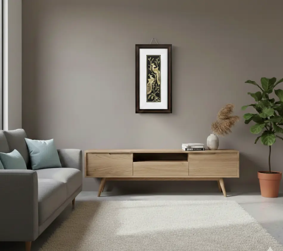 Handcrafted Sikki Grass Art  Twin Peacocks on a Branch