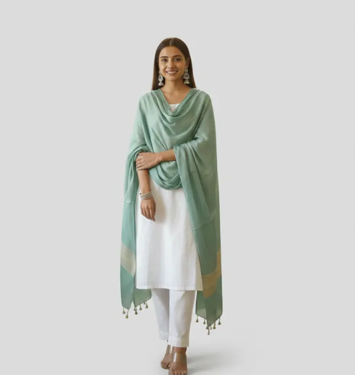 Prakruti Mint Aura – Handwoven Banana Silk Dupatta