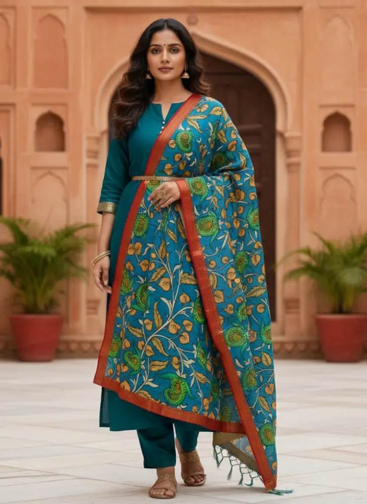 HariNeel Kalamkari Silk Dupatta – Teal Blue & Rust