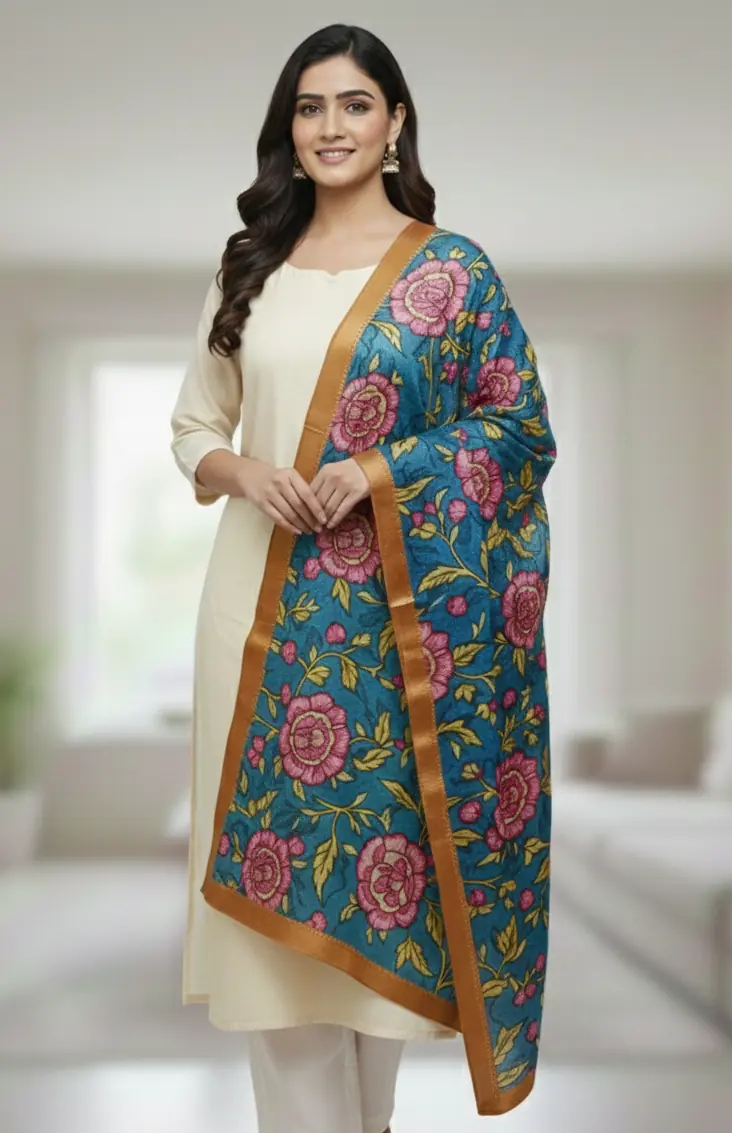 GulNeel Kalamkari Silk Dupatta – Teal Blue & Rose