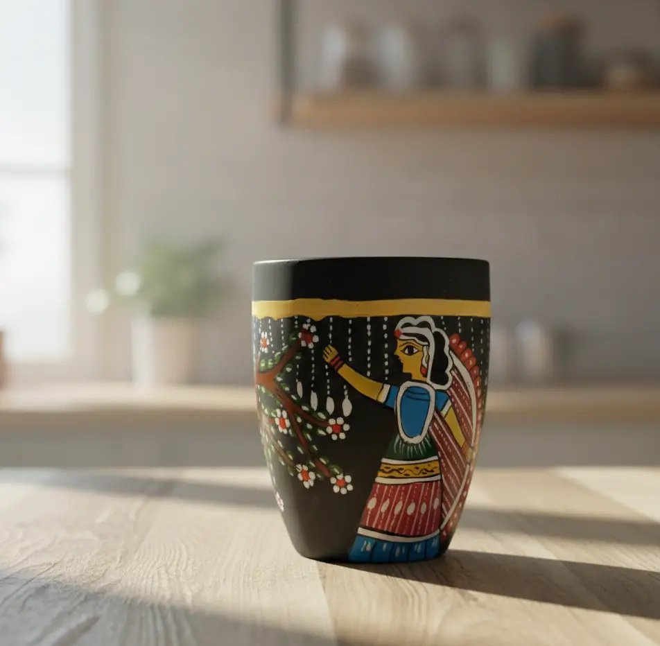 Black Ceramic Coffee Mug – Women & Plant Theme | Microwave Safe | Handcrafted Art