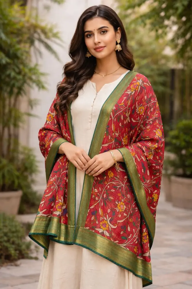 Maroon Floral Handprint Kalamkari Dupatta with Bangalore Silk 