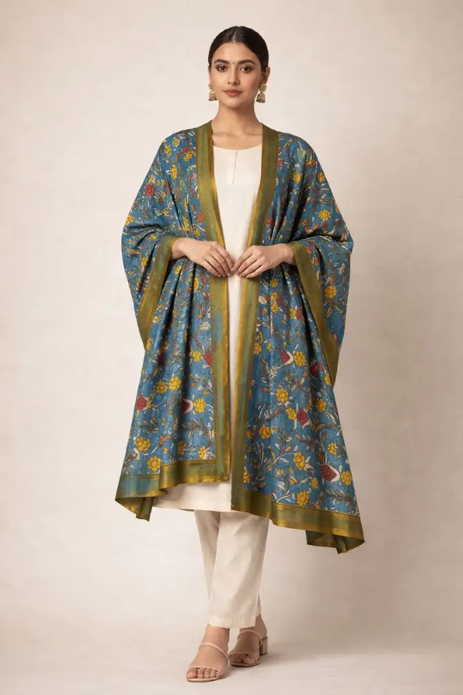 PushpaVana Kalamkari Silk Dupatta – Teal Blue & Olive