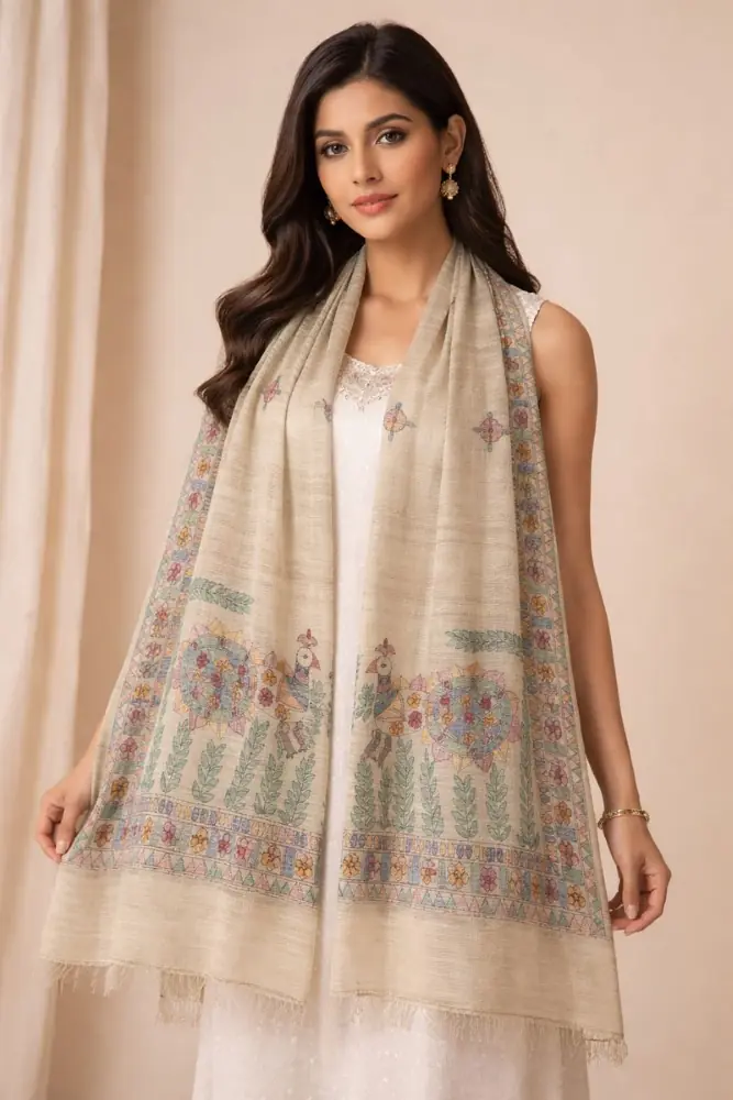 Pure Ghicha Silk Stole with Madhubani Art 