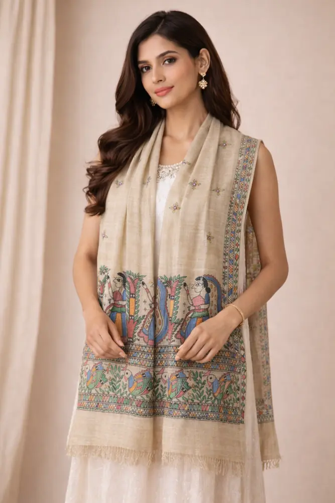 Handcrafted Ghicha Silk Stole with Peacock art