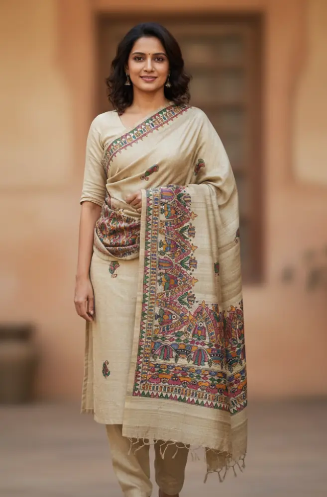 Hand-Painted Ghicha Silk Stole 