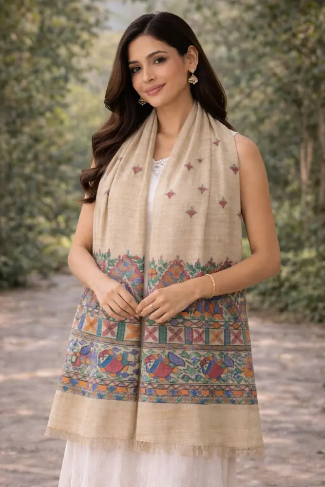 Elegant Ghicha Silk Stole with Madhubani art