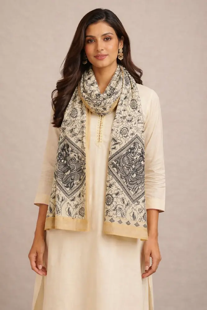 Handwoven Black and White Bangalore Silk Dupatta