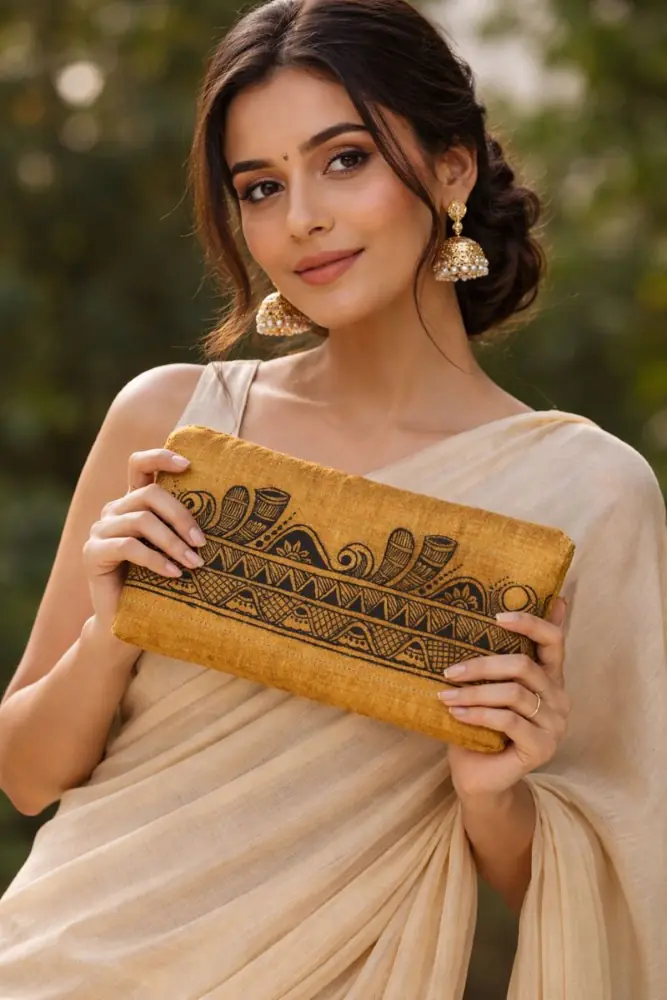 HaldiRekha Handcrafted Tussar Silk Clutch – Mustard Ochre