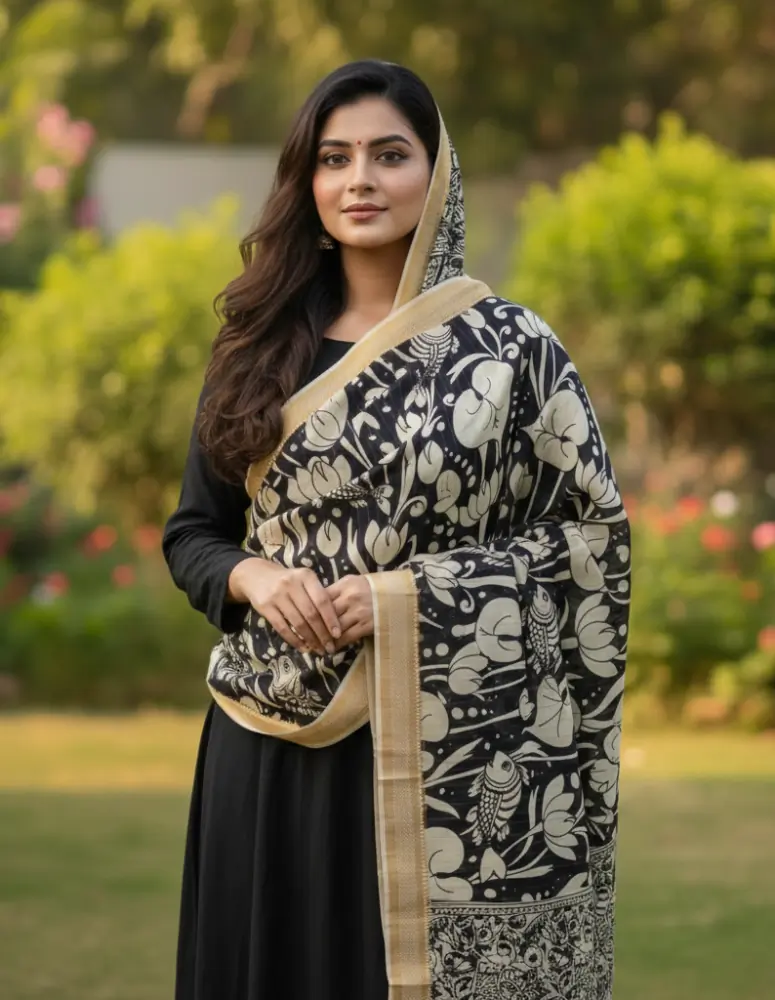 Shyam Kamal Handcrafted Dupatta Classic Black & Ivory