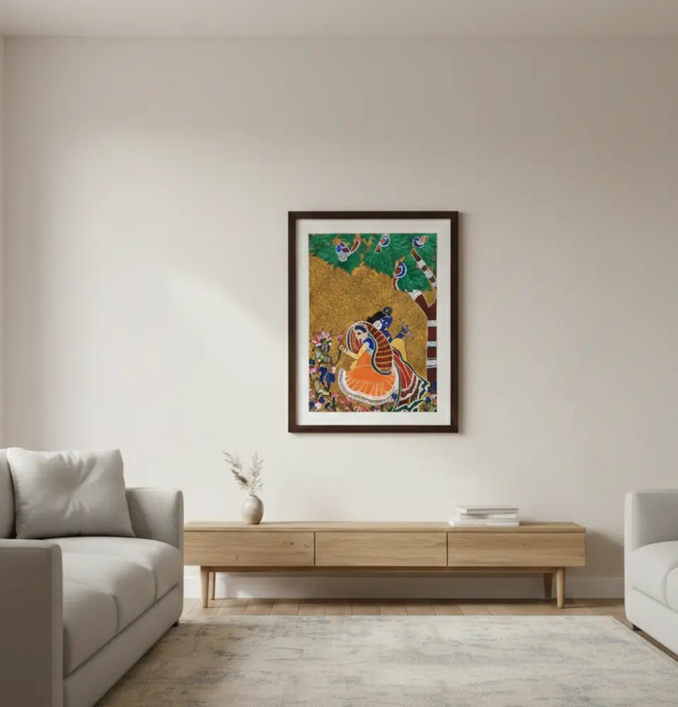 Vrindavan Ras Madhubani Hand-Painted Artwork Gold & Multicolour