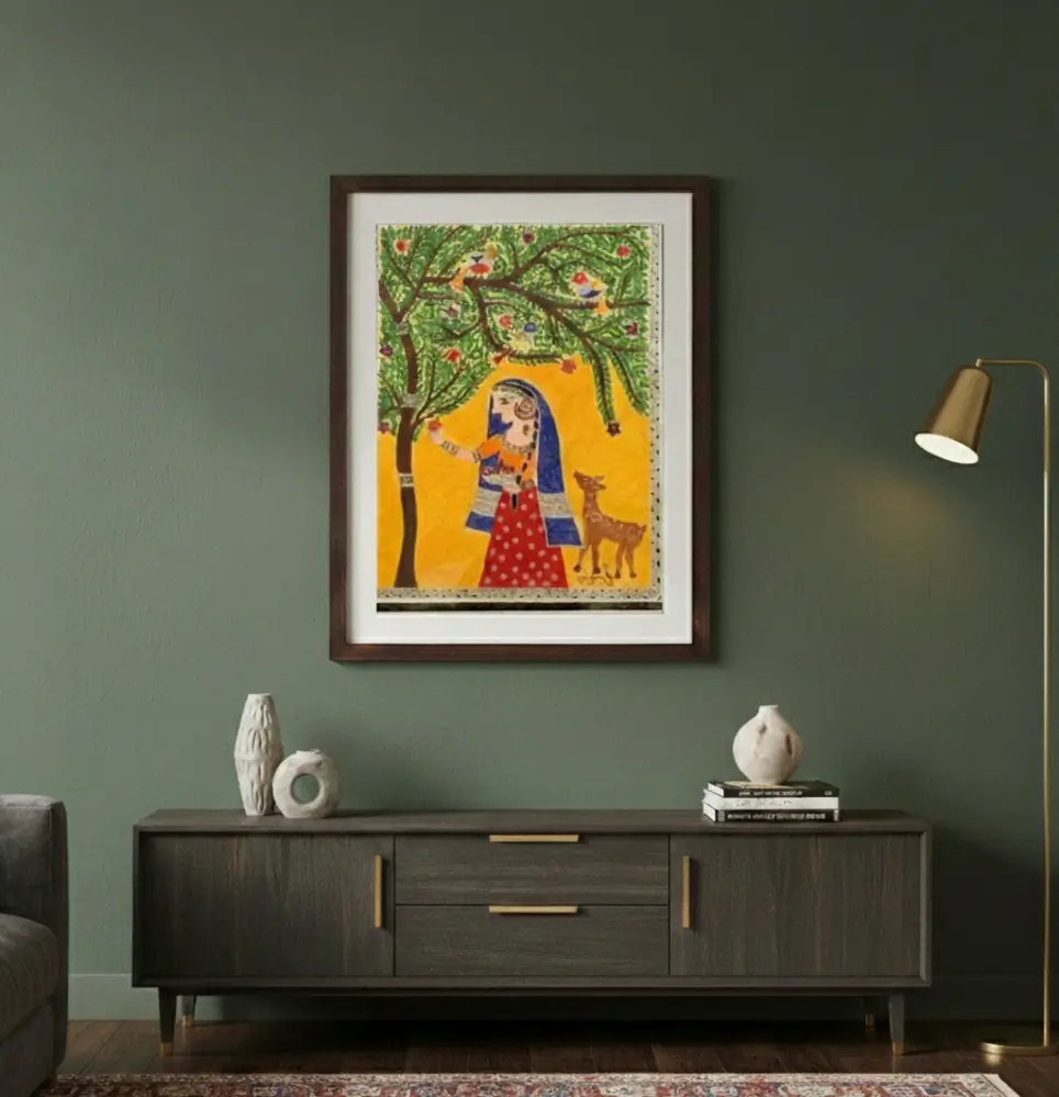 Phalvati Madhubani Hand-Painted Artwork Mustard Yellow & Multicolour