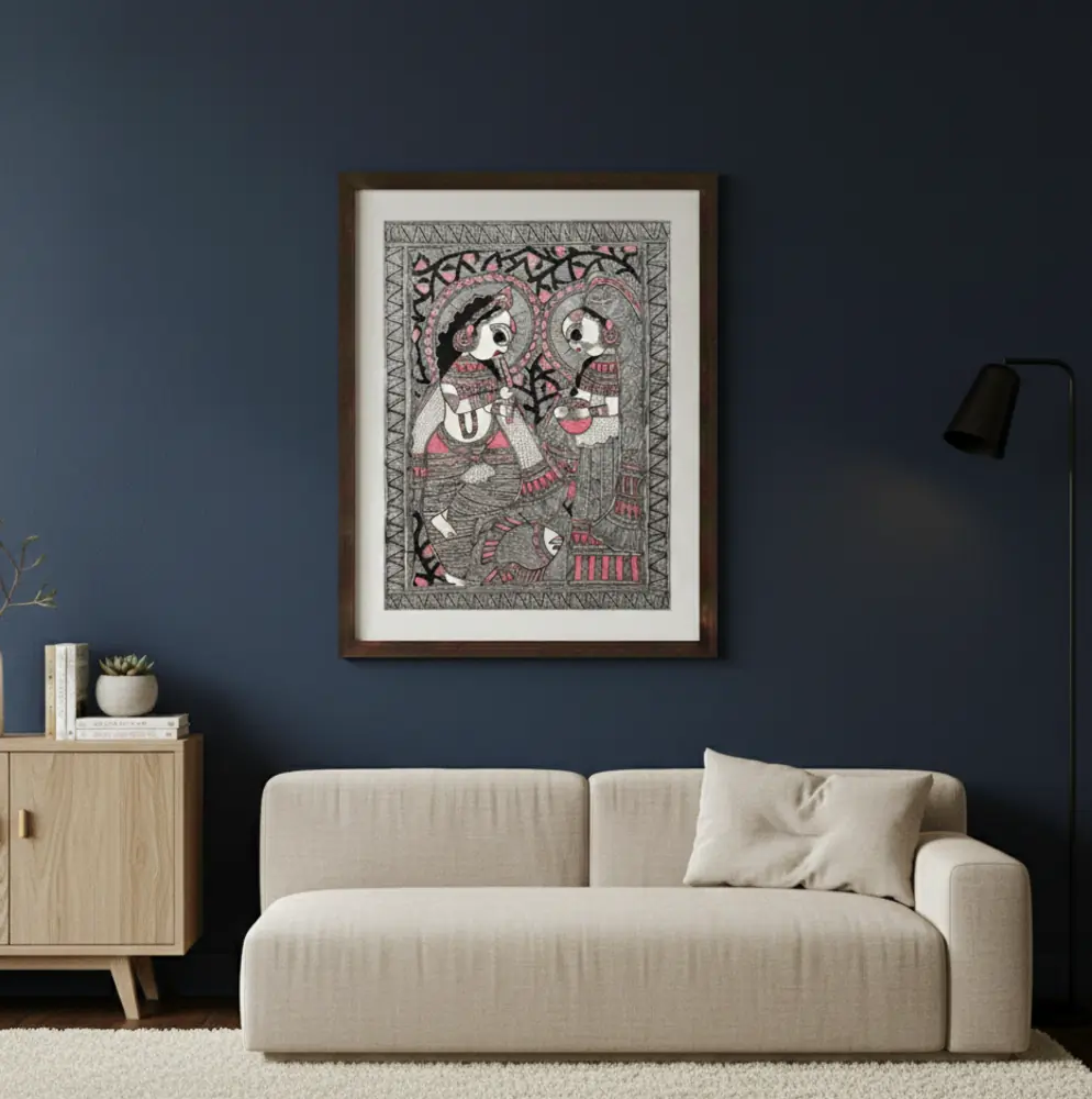 Eternal Mithila Milan Hand-Painted Madhubani Artwork Monochrome Grey & Blush Pink