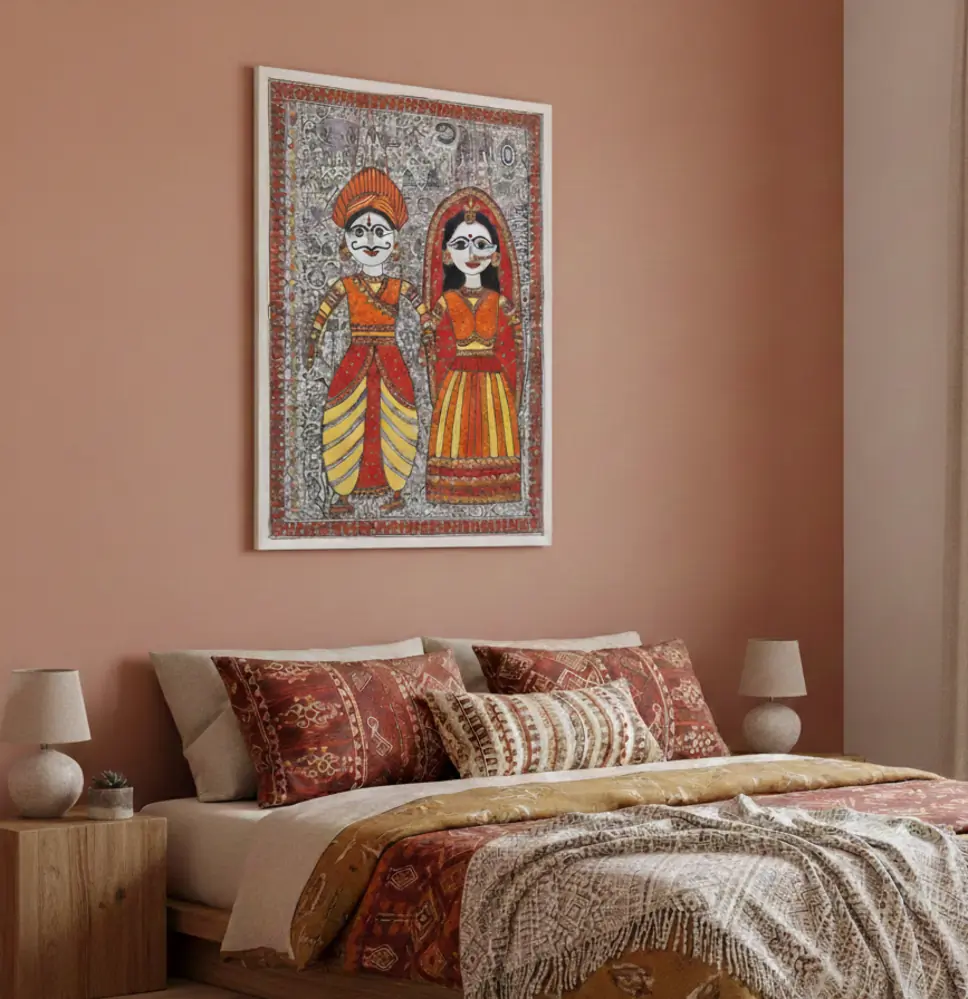 Mithila Vivaah Jodi Hand Painted Madhubani Artwork Rustic Orange & Gold