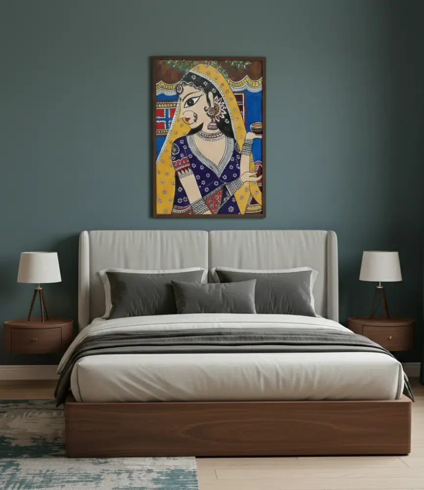 Rajkumari Shringar Hand Painted Madhubani Artwork Royal Blue & Mustard