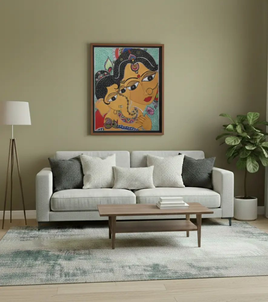 Divya Maa & Bal Ganesh Hand Painted Madhubani Artwork Teal & Vermilion