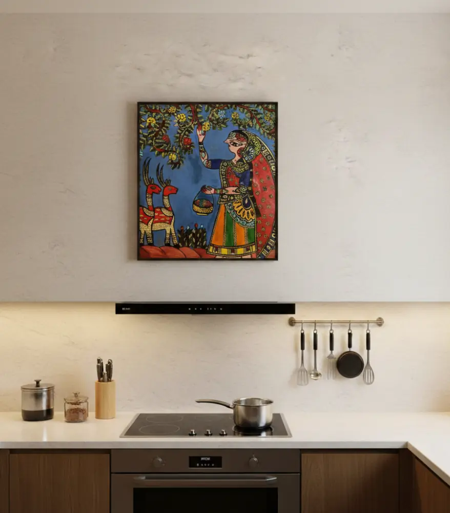 Van Devi Prarthana Hand Painted Madhubani Artwork Royal Blue & Earthy Multicolor