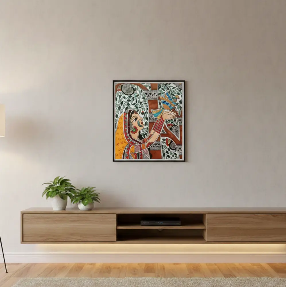 Prakriti Sparsh Hand-Painted Madhubani Artwork Earth Brown & Leaf Green