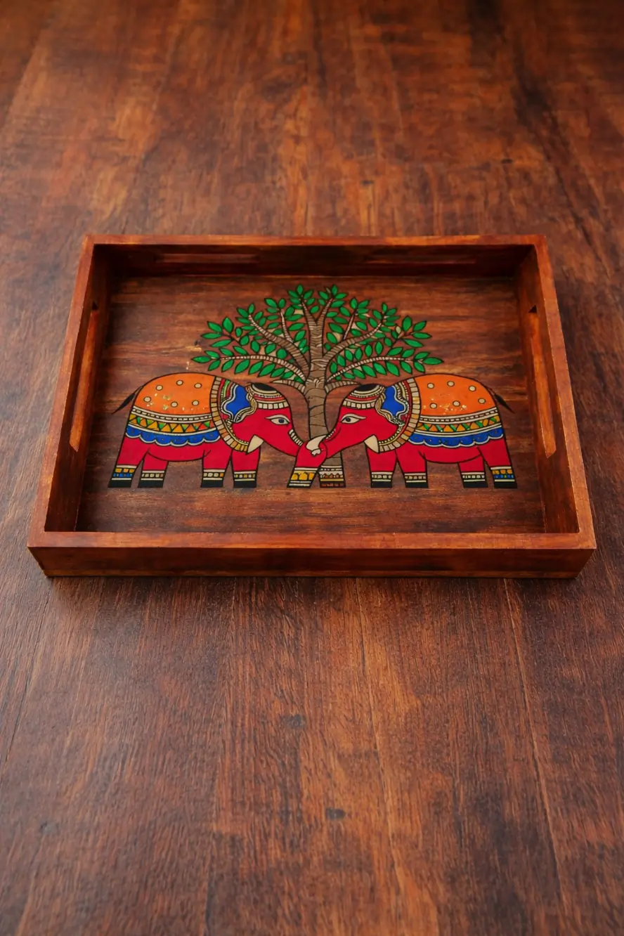Handcrafted Wooden Tray With Elephant Motif Madhubani Painting