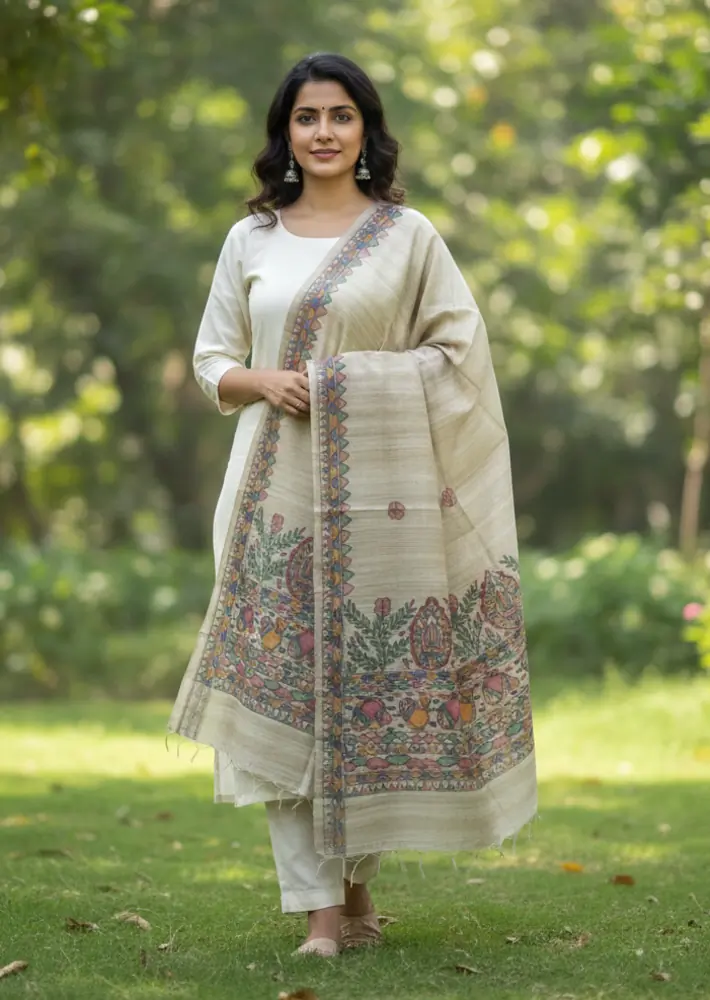 Mithila Vana Ghicha Silk Dupatta Natural Beige