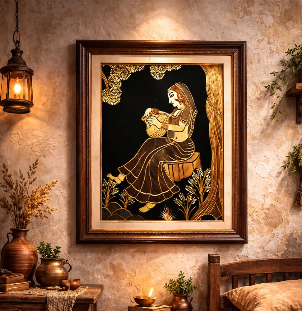 Golden Folk Lady Traditional Wall Painting