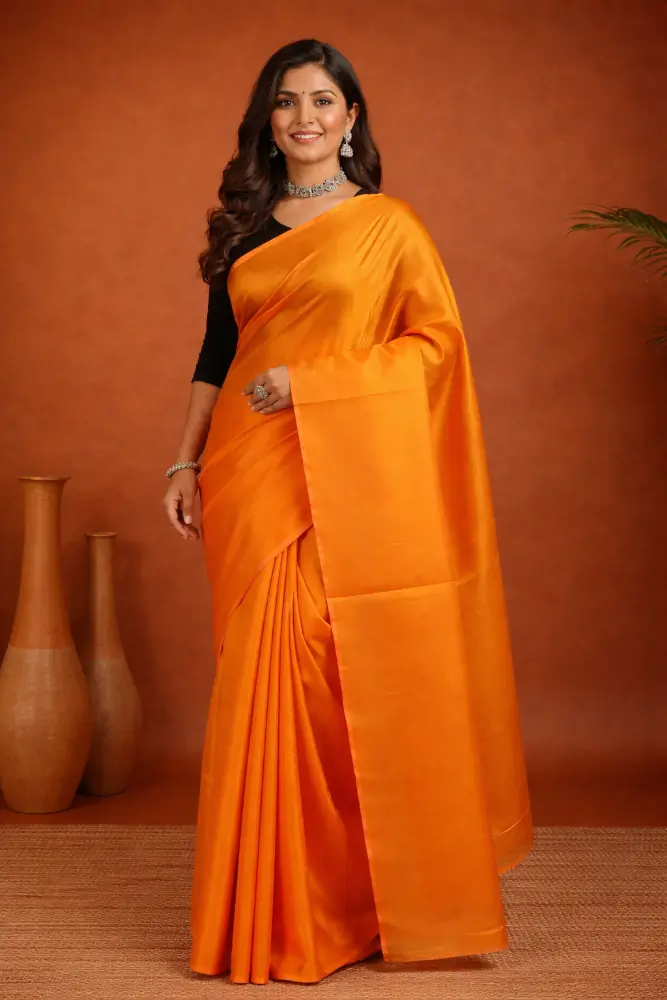 Pure Tussar Silk Saree Radiant Sunset Orange