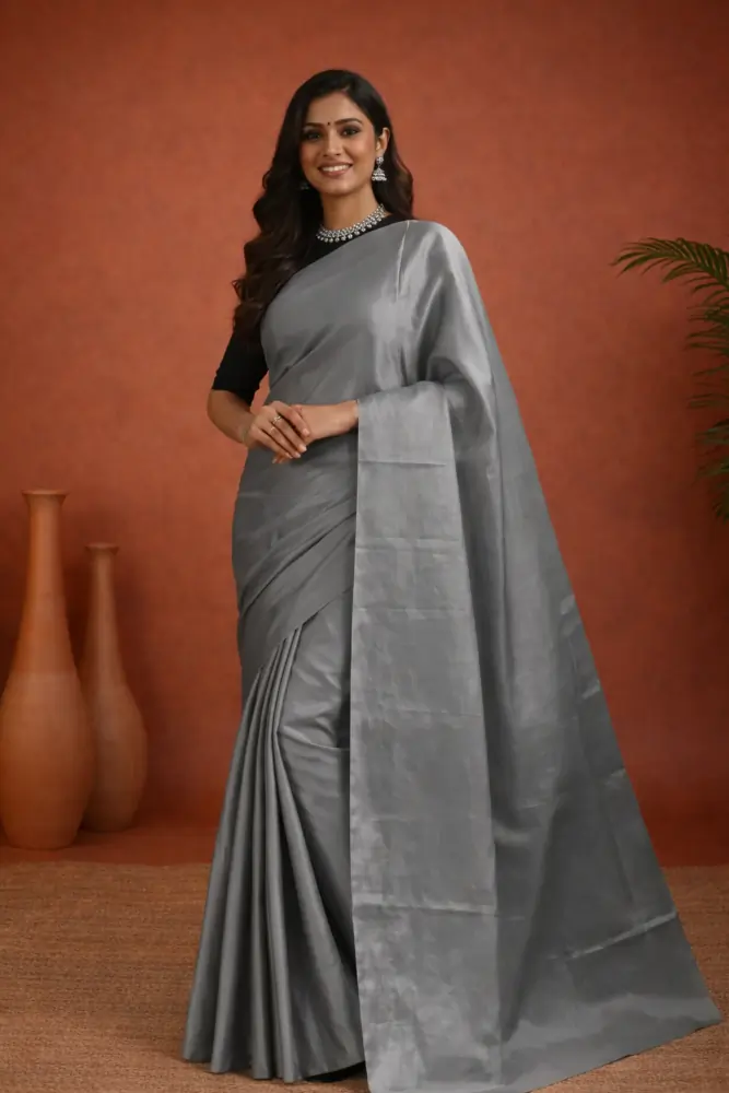 Pure Tussar Silk Saree Elegant Silver Grey