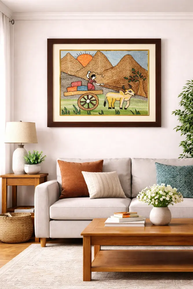 Gramin Safar Framed Sujani Handcrafted Village Cart Art