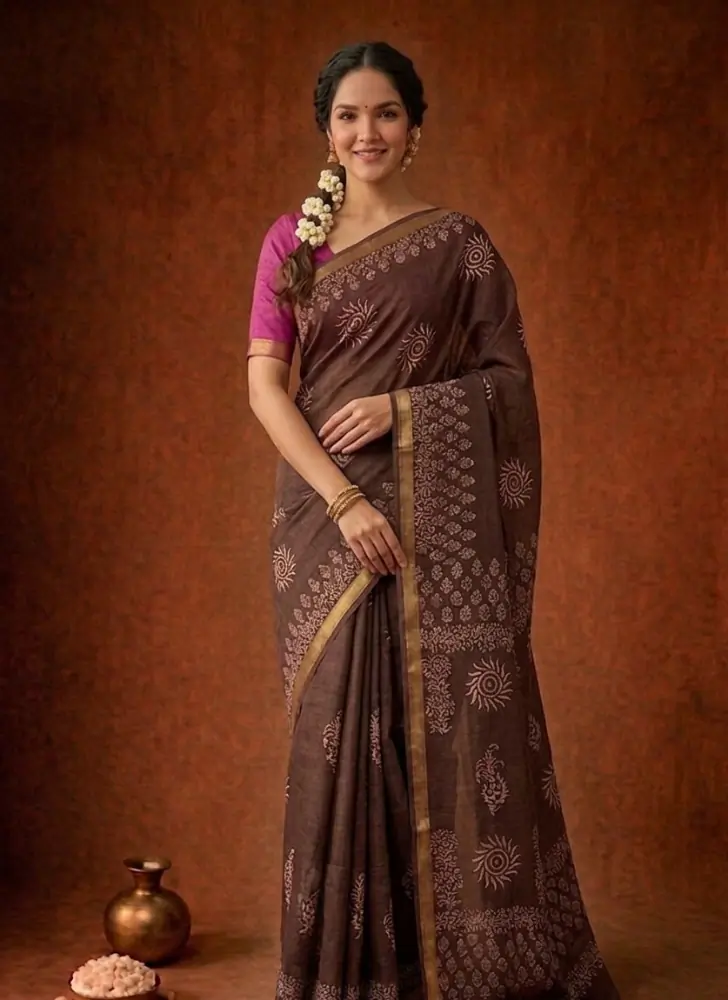 Cocoa Charm Handwoven Brown Cotton Silk Saree