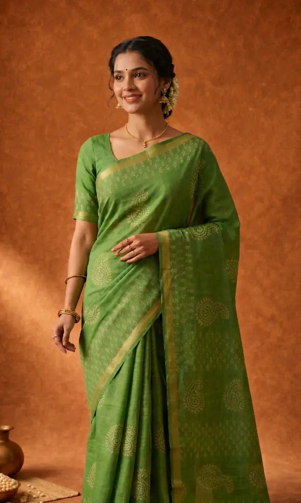 Meadow Elegance Handwoven Green Cotton Silk Saree